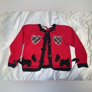 Rachel’s kids Red cardigan Black trim plaid Hearts scottie Dogs sleeve bows 4T